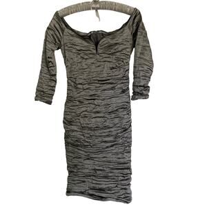 Nicole Miller Gunmetal Off Shoulder Ruched Cocktail Dress